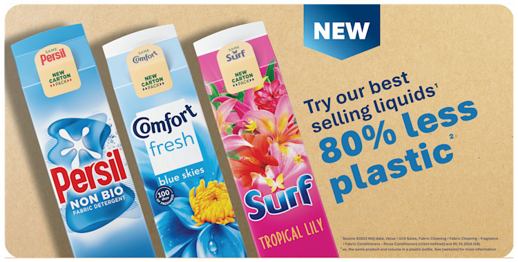 Comfort, Persil, and Surf with 80% less plastic