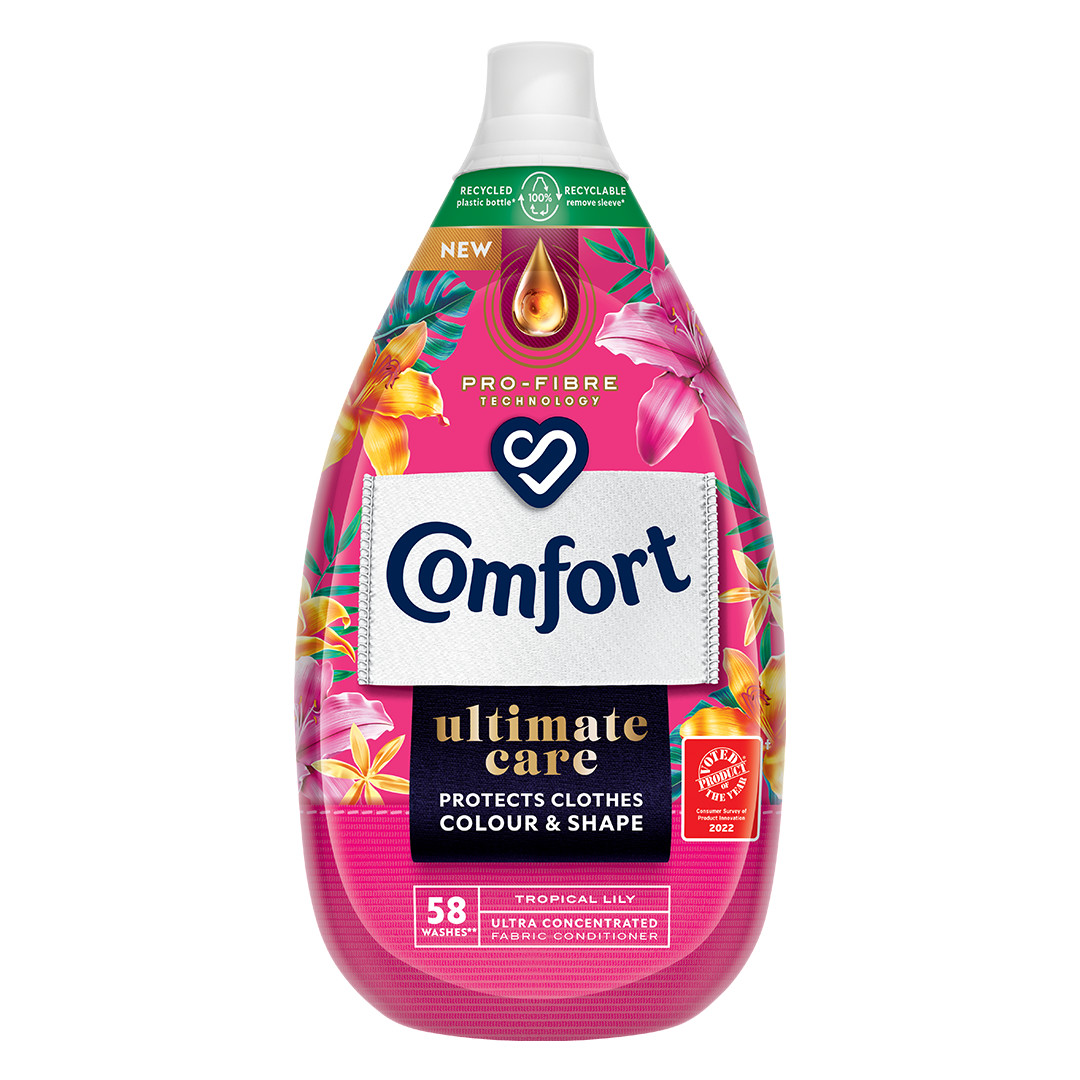 A bright pink Comfort Ultimate Care fabric conditioner bottle decorated with images of colourful flowers. This bottle contains fabric conditioner to cover 58 washes of laundry.