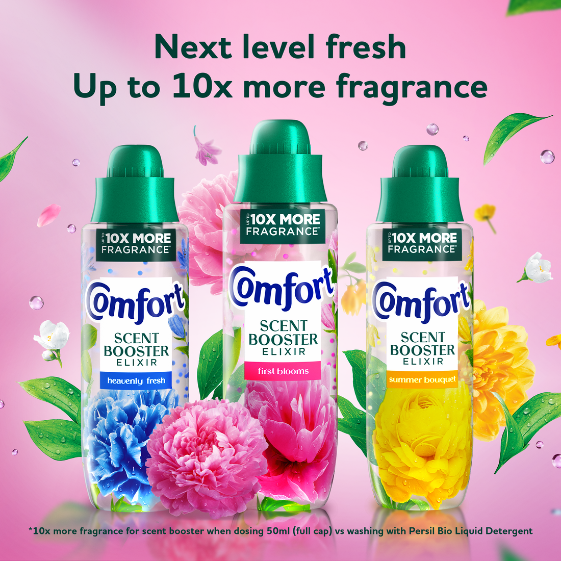 Next level fresh
Up to 10 times more fragrance

*10 times more fragrance for scent booster when dosing 50ml (full cap) vs washing with Persil Bio Liquid Detergent