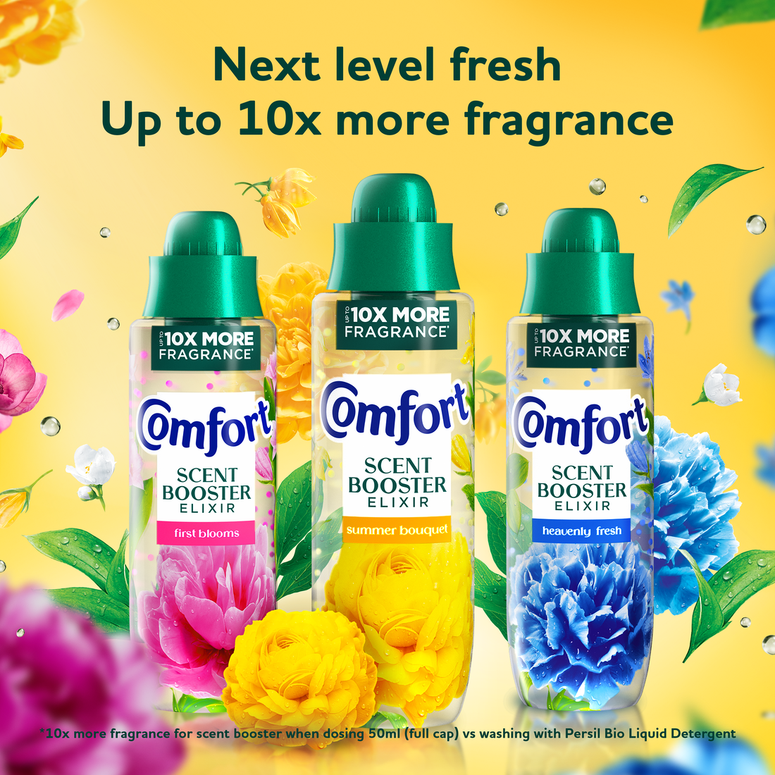 Next level fresh
Up to 10 times more fragrance

*10 times more fragrance for scent booster when dosing 50ml (full cap) vs washing with Persil Bio Liquid Detergent